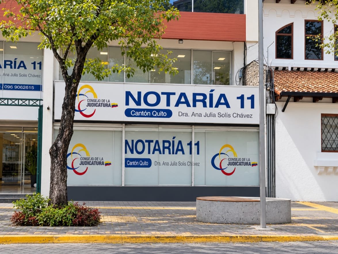 Fachada de la Notaría Décima Primera del Cantón Quito, con el letrero «Notaría 11, Cantón Quito»